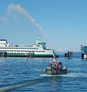 Marine 16 fire rescue boat spraying water in Edmonds