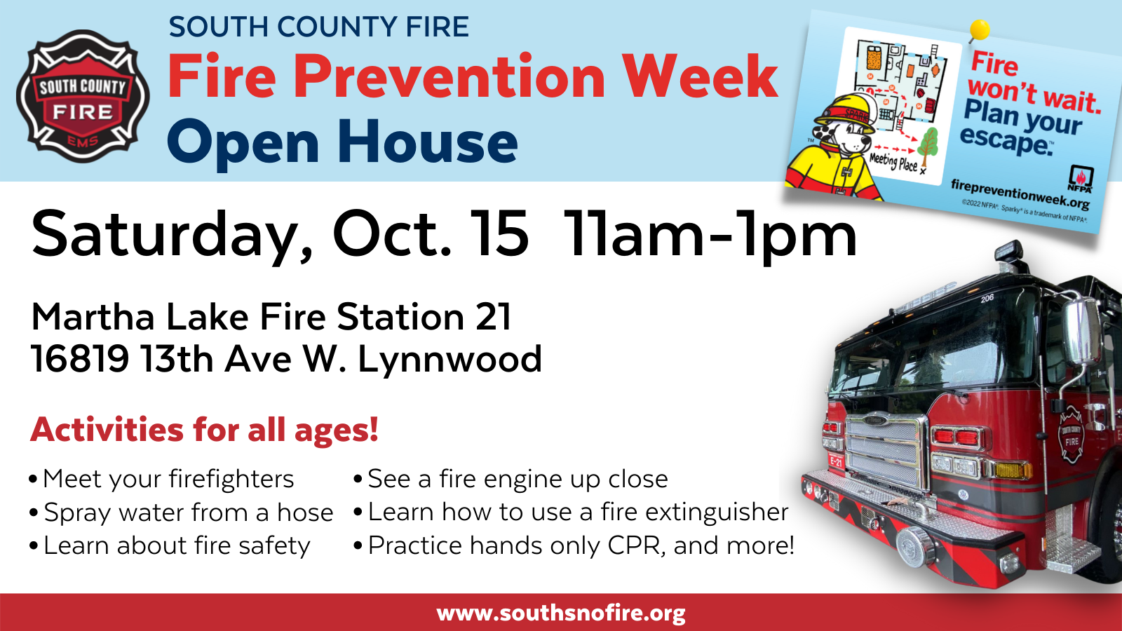 Fire Prevention Week, Open House, Saturday, October 15 from 11a-1p